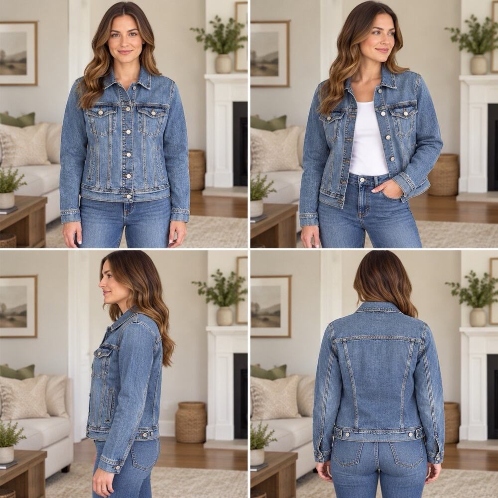 Old Navy Women’s Medium Blue Denim Trucker Jacket Button Front Stretch